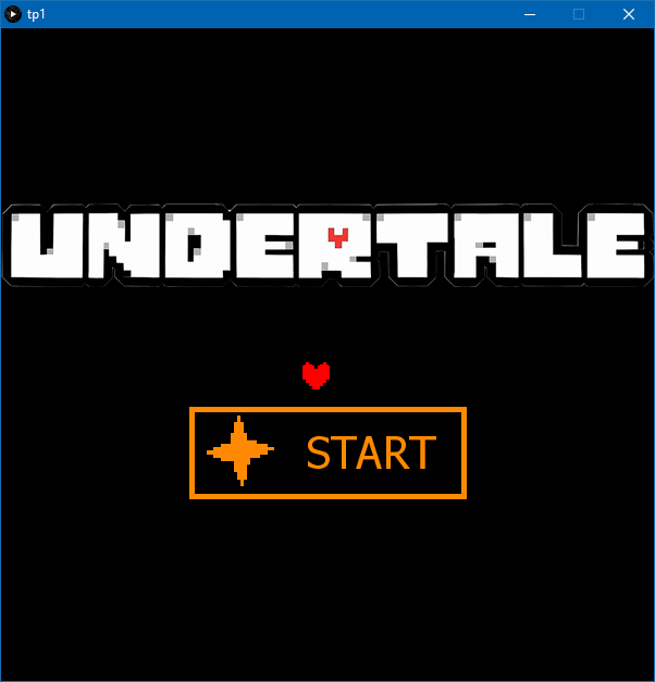 Un texto que lee Undertale en un fondo negro. Hay un boton que dice Start y un corazon rojo para indicar el cursor