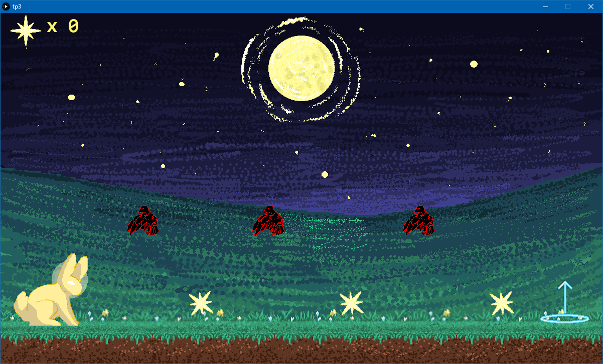 Un conejo sentado en un campo a la noche. Tres pajaros negros vuelan entre tres estrellas